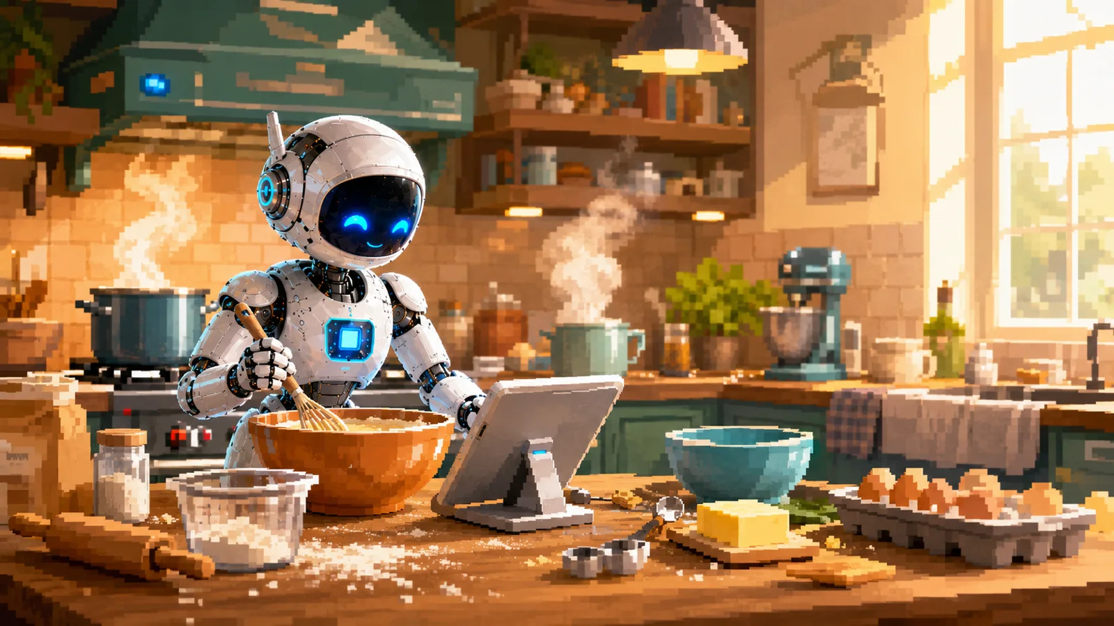 Pixel-art illustration of a robot whisking batter in a sunlit kitchen while following a recipe on a tablet