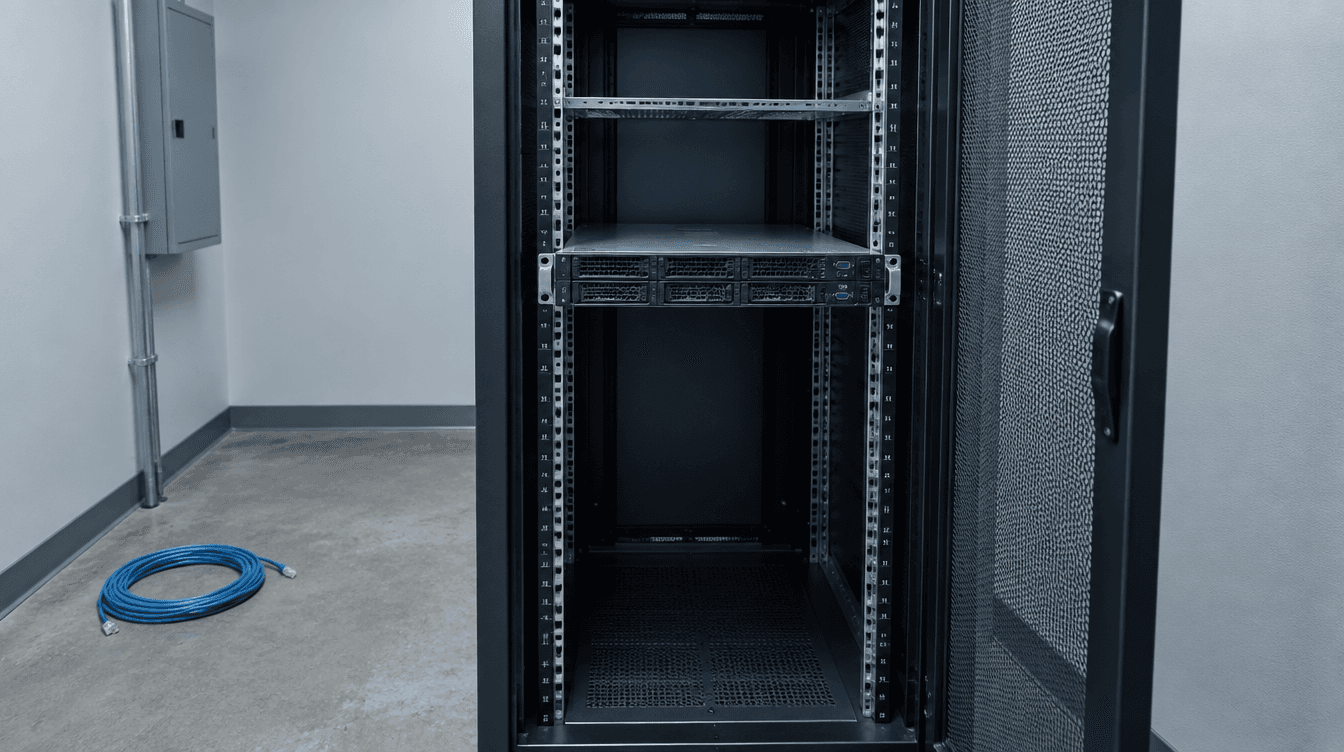 A mostly empty open server rack in a small office utility room with a single aging rack-mount server still installed, illustrating a Windows Server 2025 upgrade decision