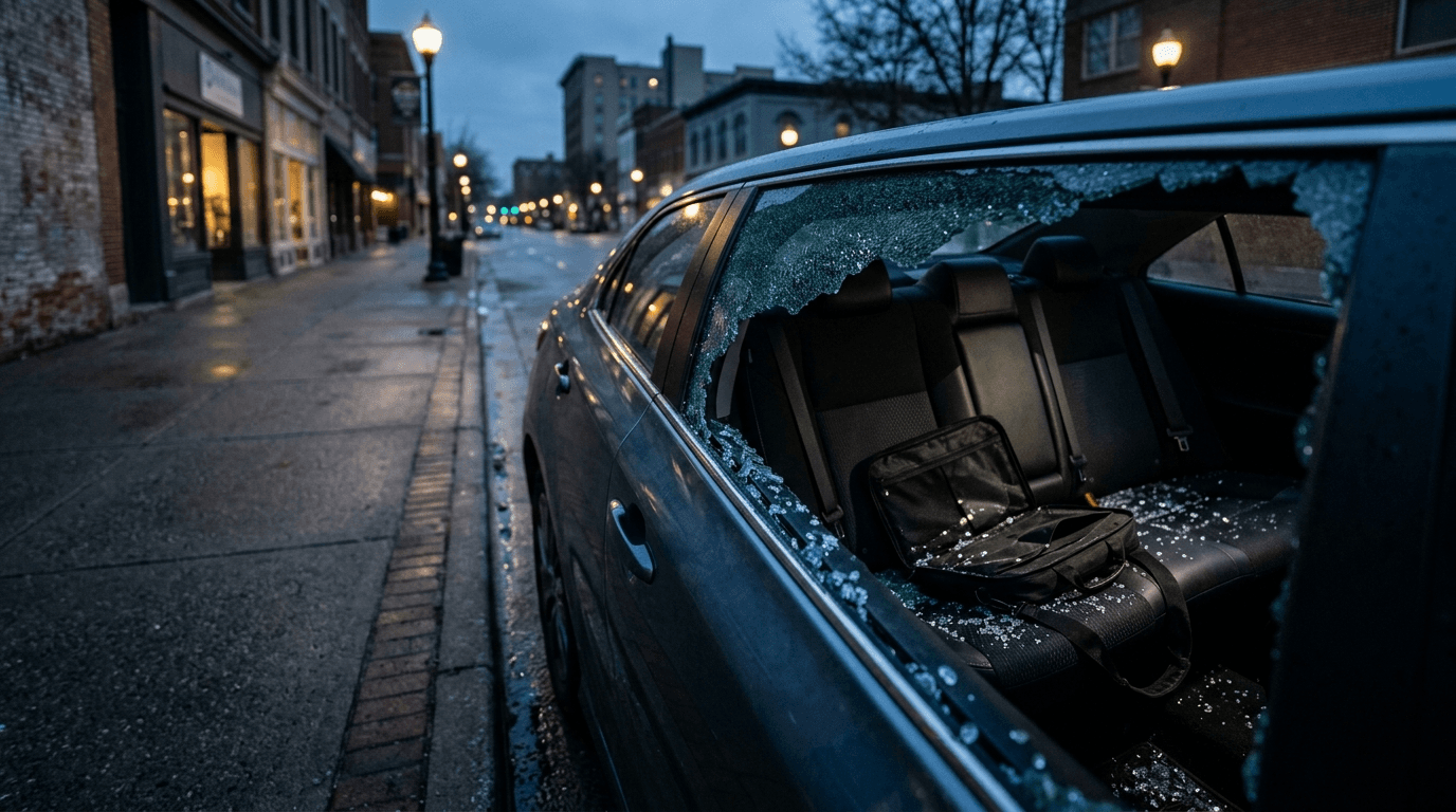 Car with a smashed rear window and an empty laptop bag on the back seat, illustrating a stolen work laptop incident