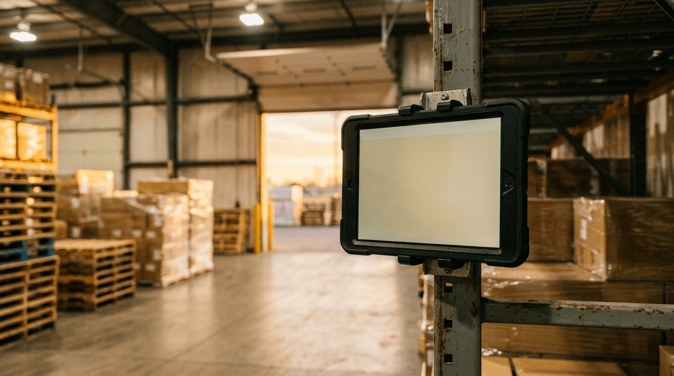 Rugged tablet mounted on warehouse shelving near an open loading bay at dawn, representing Microsoft 365 F1 and F3 frontline licenses for warehouse and field staff