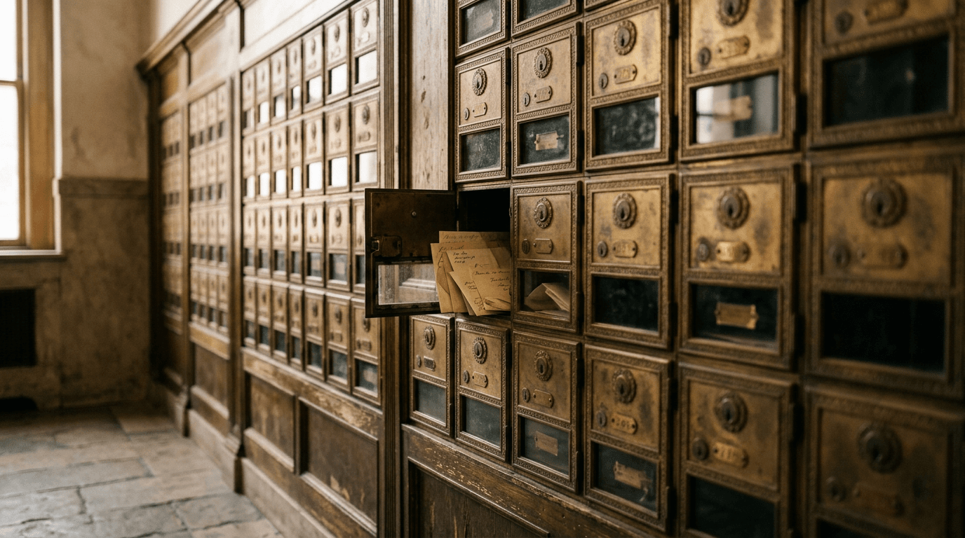 Wall of vintage brass post office boxes with one open box holding envelopes, illustrating Microsoft 365 shared mailboxes vs distribution lists