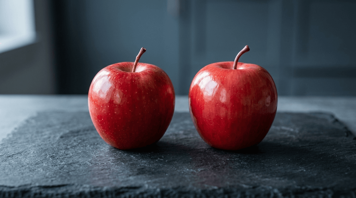 Two nearly identical red apples on a slate surface, illustrating how lookalike domains impersonate a real business