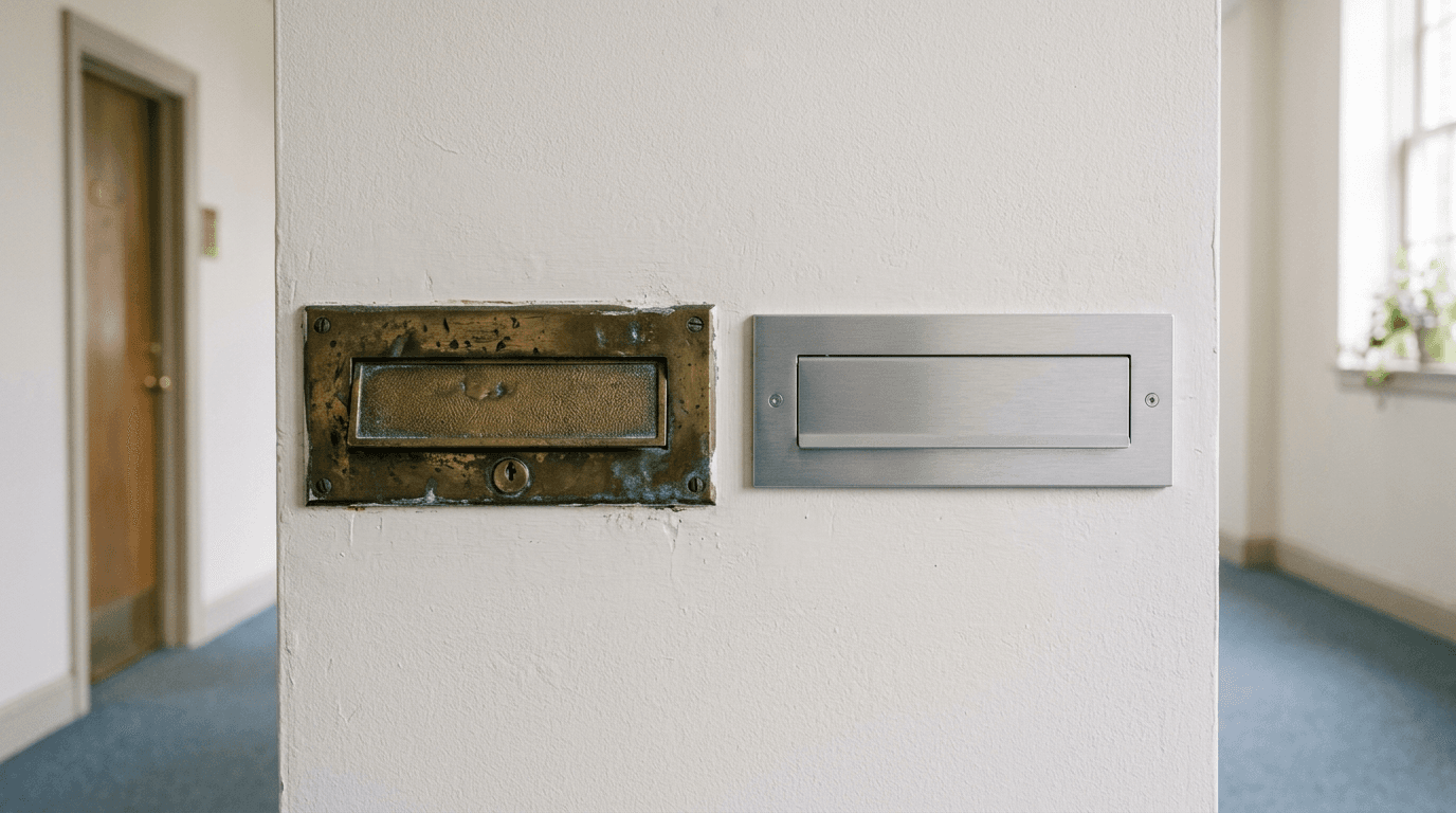 Old brass mail slot next to a new brushed-steel mail slot on an office wall, illustrating the switch from classic Outlook to new Outlook for Windows