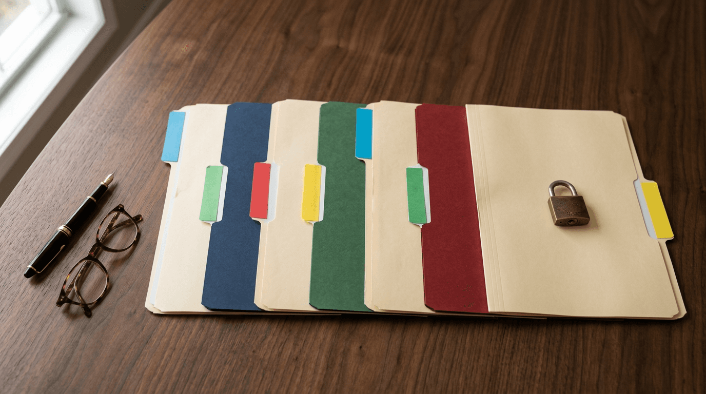 Color-tabbed file folders on a conference table with a padlock on one folder, illustrating Microsoft 365 sensitivity labels for classifying and protecting business files