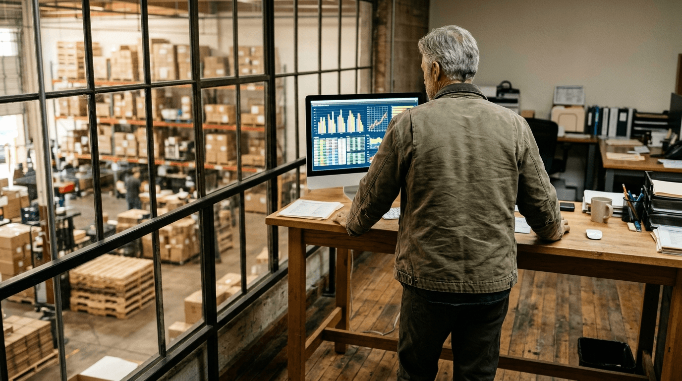Small distribution business owner reviewing Copilot-built Excel charts and PivotTables on a monitor in a warehouse office