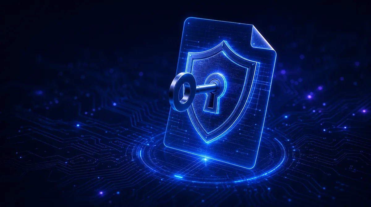 Glowing blue shield stamped into a holographic document with a key turning in its center