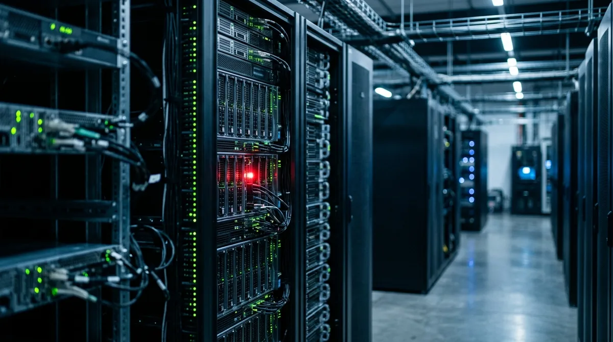 A data-center server rack with rows of green status lights and one red warning light, signaling IT problems that go unaddressed