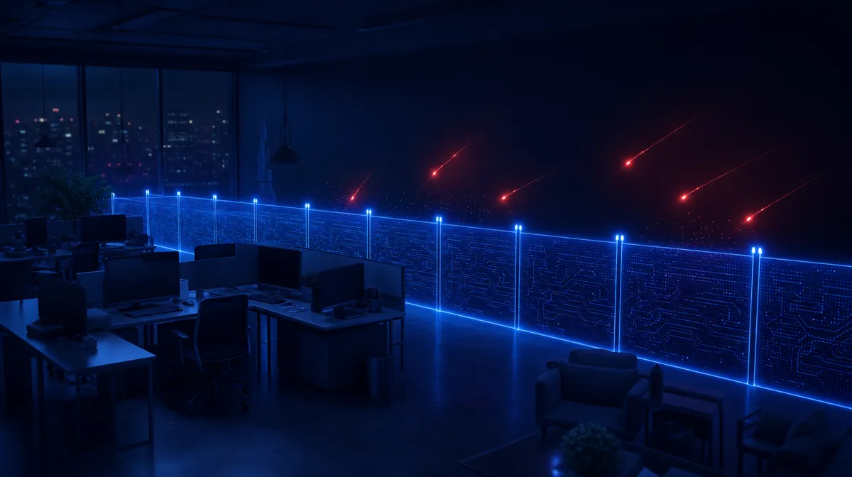 Dark office at night with sleeping monitors as faint red glows probe a blue light fence