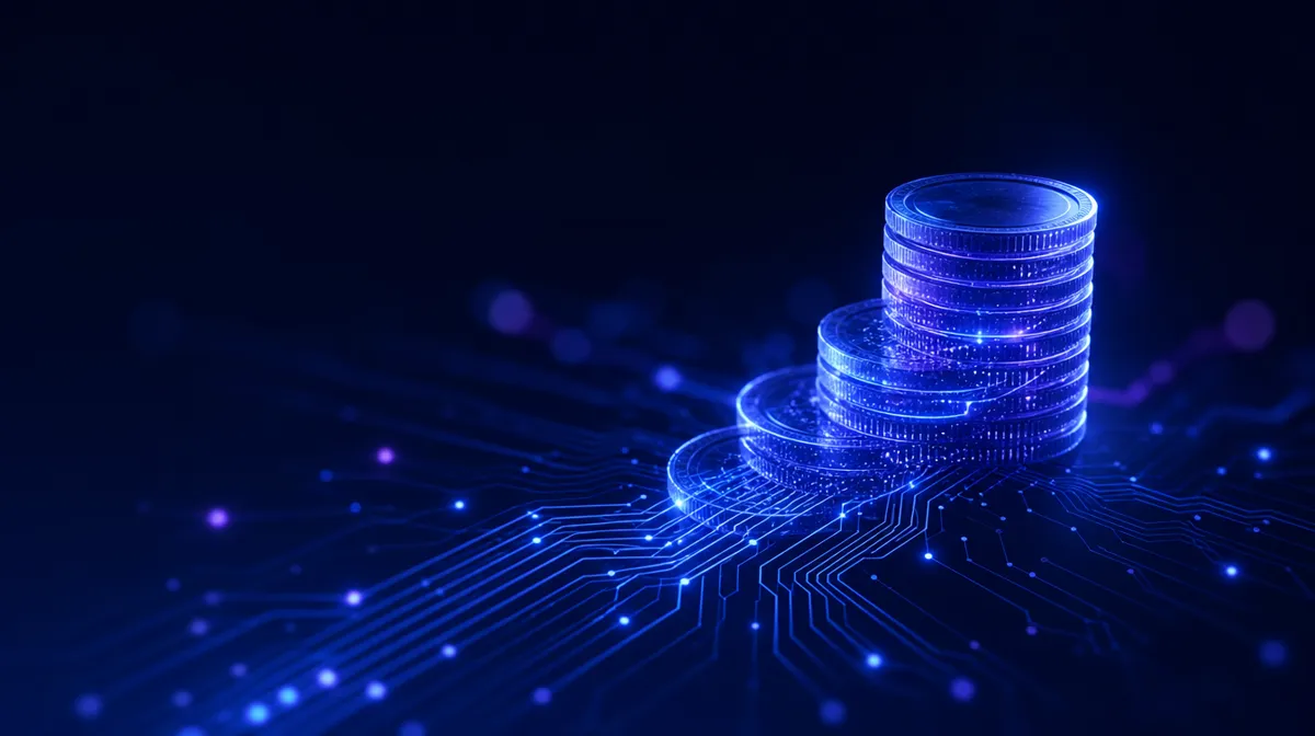 Translucent stacks of glowing coins morphing into circuit traces against a dark navy background