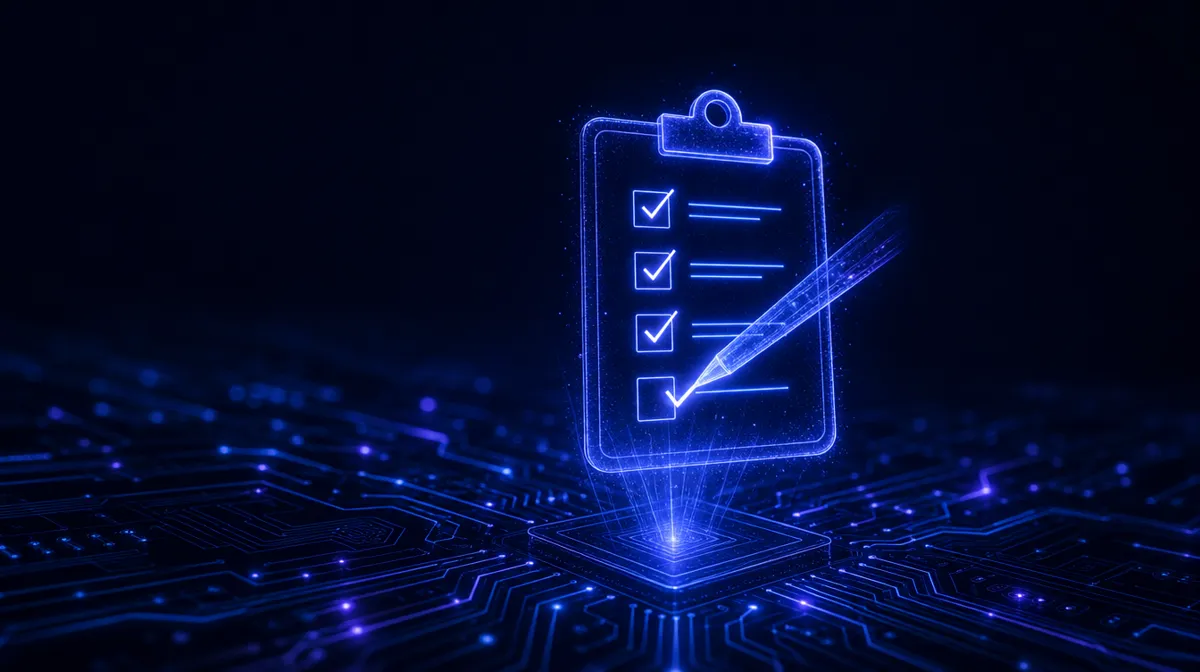 Holographic clipboard of glowing checkmarks materializing above a dark motherboard, one item mid-check